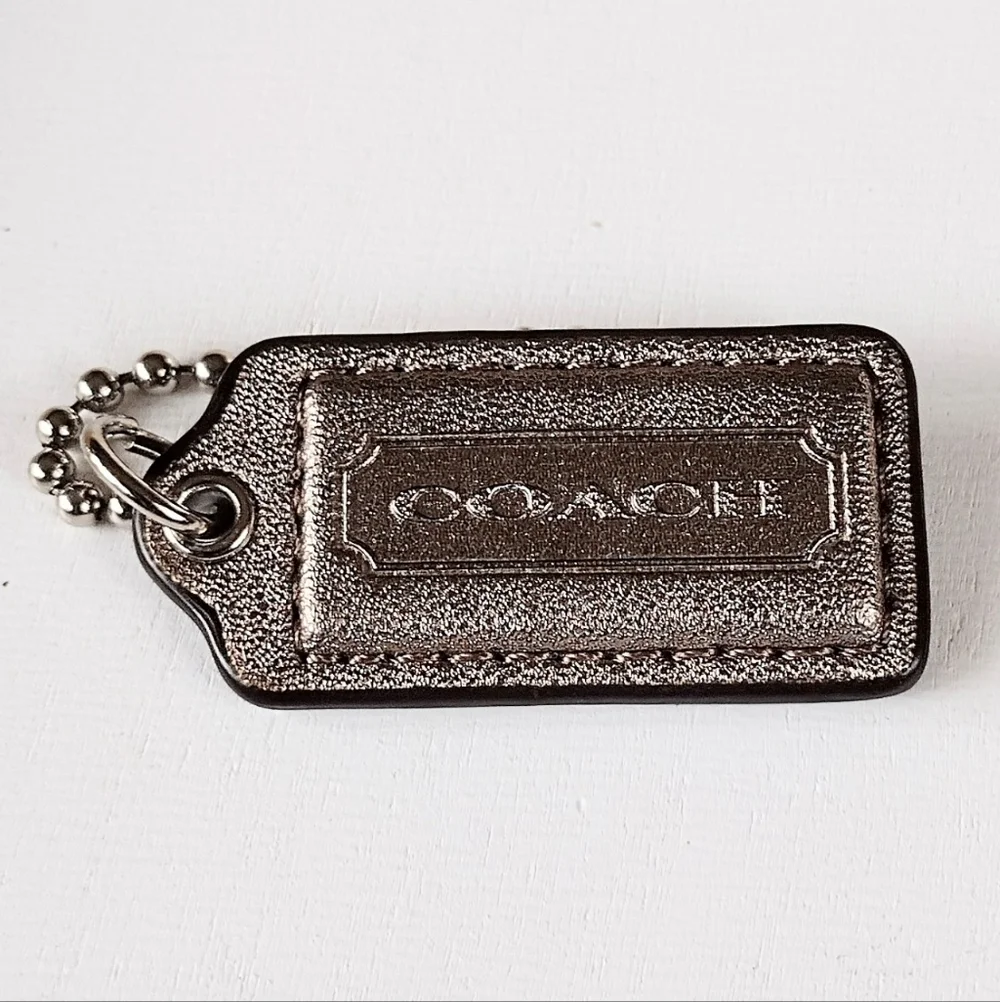 🏷️ 2" Med Coach Metallic Bronze Leather Hang Tag Bag Fob Charm Keychain Pendant - Picture 2 of 4